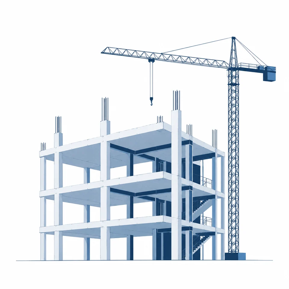 建設中の建物とタワークレーンを描いた、ネイビーと淡いブルーのイラスト