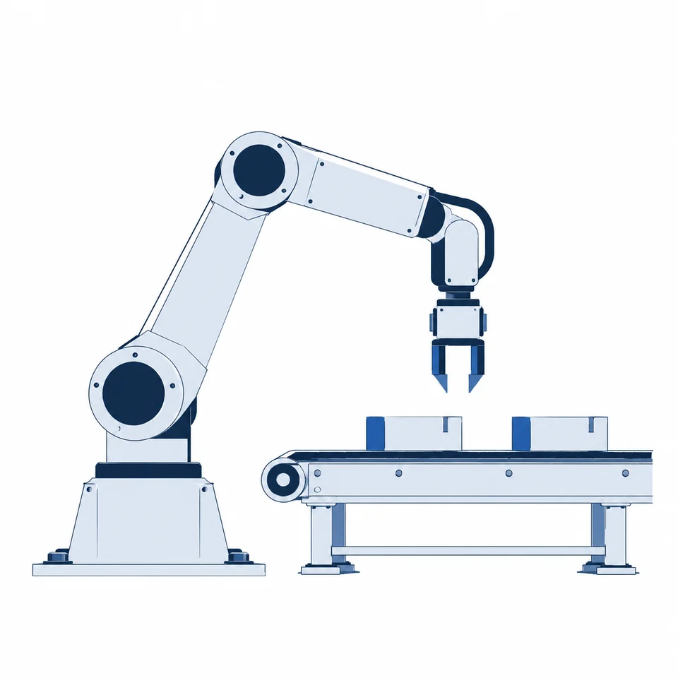 産業用ロボットと製造ラインを描いた、ネイビーと淡いブルーのイラスト