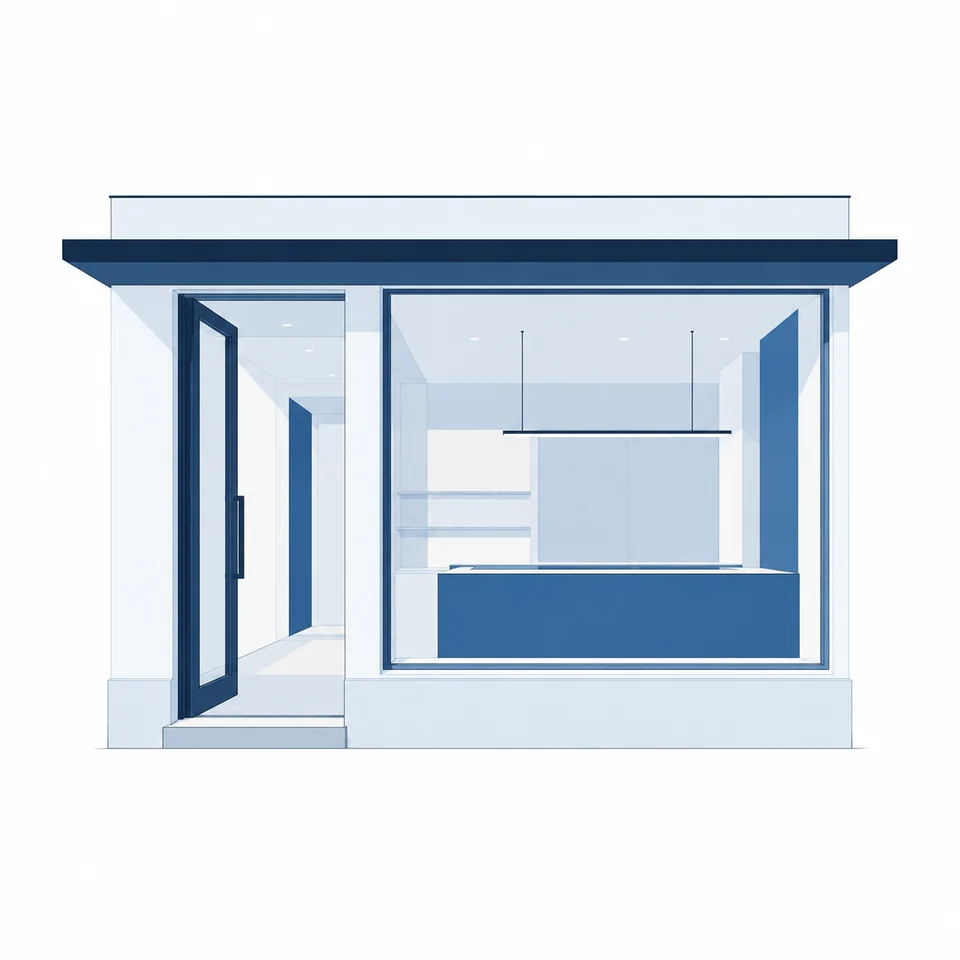 シンプルな店舗の外観を描いた、ネイビーと淡いブルーのイラスト
